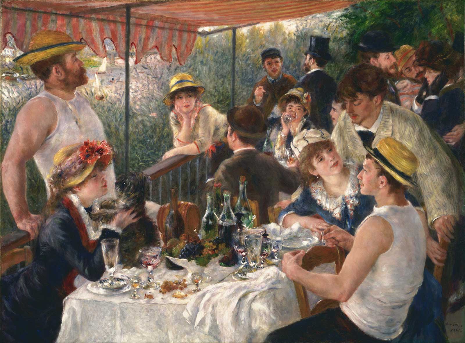 Gemälde einer Upper-Class-Party auf dem Balkon einer Villa an der Seine. Vornehme Damen mit Hüten und Herren in Frack oder Matrosenbekleidung trinken Wein und flirten miteinander.  