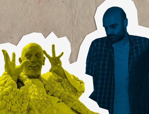 Fotomontage bestehend aus zwei Männern, der eine entspannt, der andere wild gestikulierend