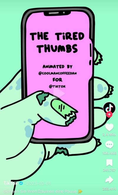 Eine verletzte Hand bedient mit dem Daumen einen Smartphone-Bildschirm, auf dem "The tired thumbs" zu lesen steht.